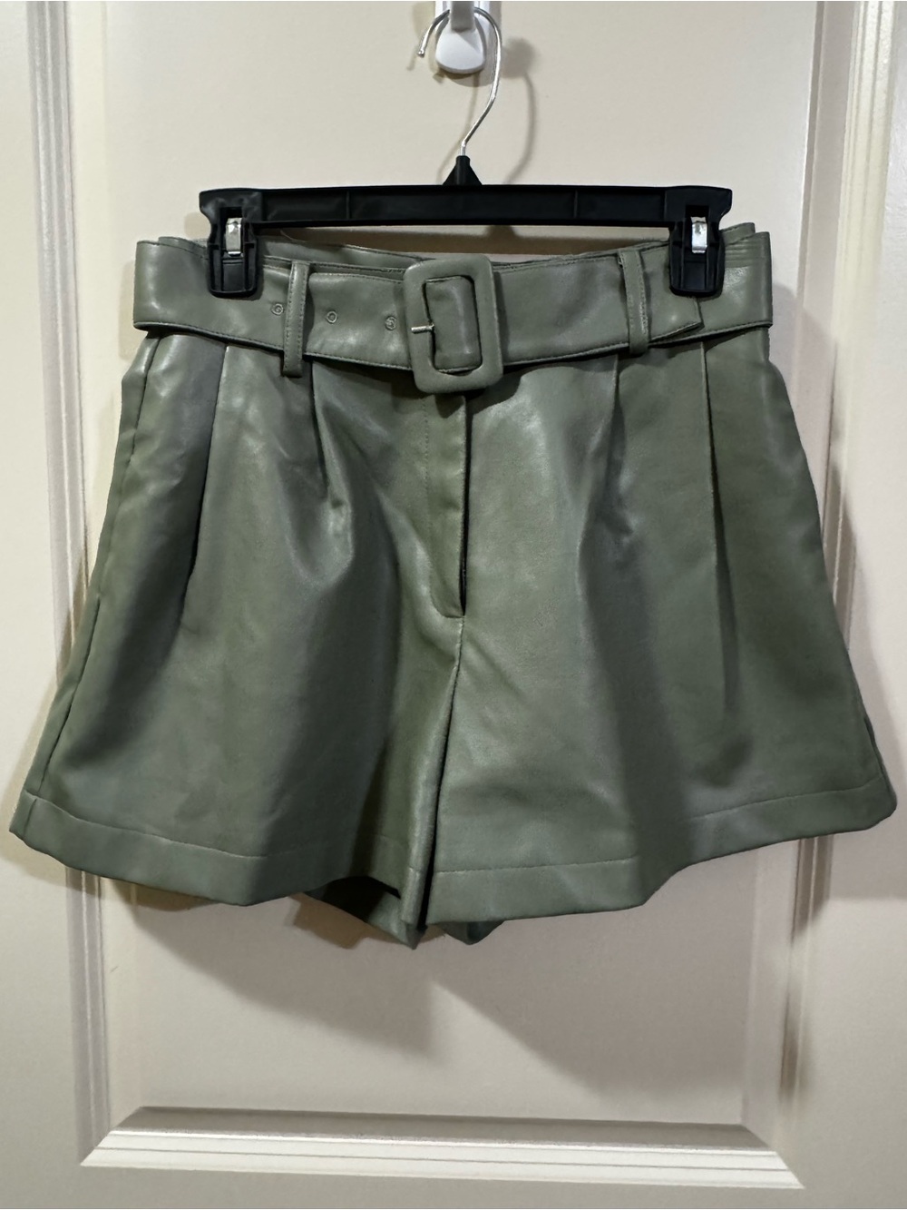 lalavon High-Waist Belted Faux Leather Shorts in Sage Green
